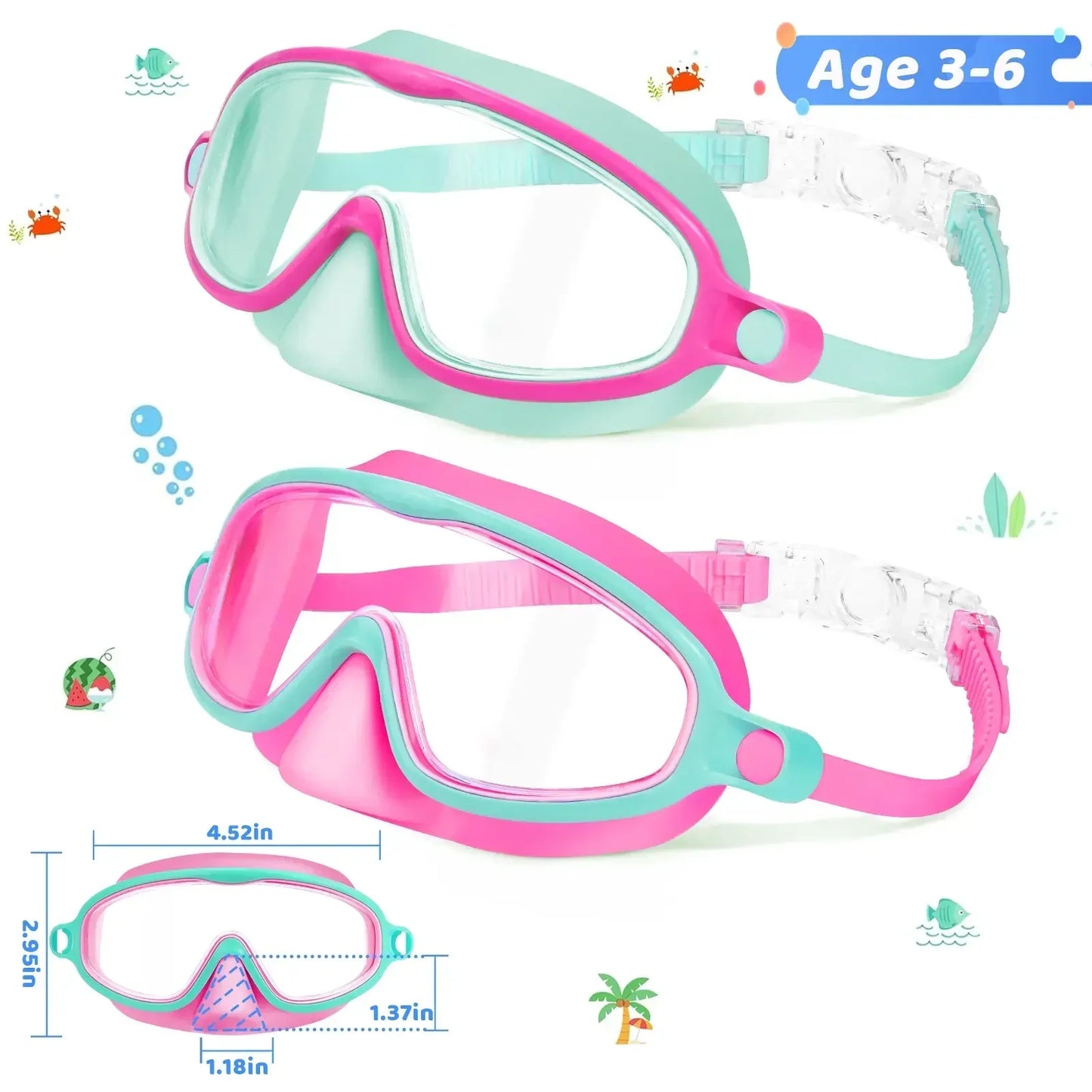 Kids Swim Goggles 2PCS – Anti-Fog UV Protection Swimming Goggles with Nose Cover