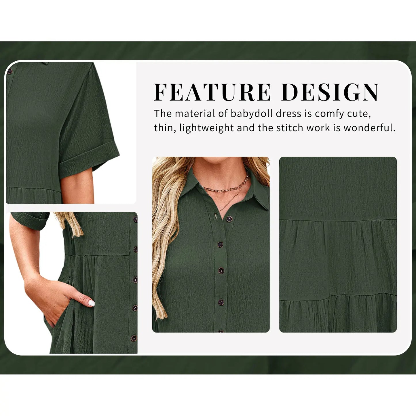 🔥Summer Flash Sale 50% OFF -AUSELILY Babydoll Dress for Women Short Sleeve Button Down Textured Non-clingy Loose Fit Flowy Mini Dress with Pockets 2026 New Summer Dress