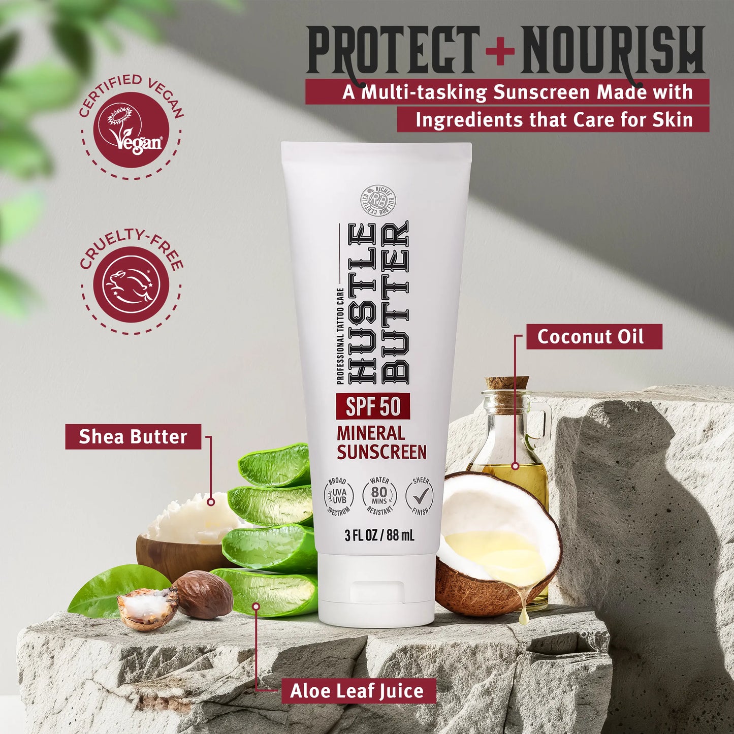 🔥LAST DAY SALE 50% OFF!!🔥 Hustle Butter Tattoo Sunscreen - Mineral Sunscreen Lotion, SPF 50, TSA-Friendly, Water Resistant, 3 oz