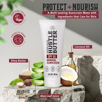 🔥LAST DAY SALE 50% OFF!!🔥 Hustle Butter Tattoo Sunscreen - Mineral Sunscreen Lotion, SPF 50, TSA-Friendly, Water Resistant, 3 oz