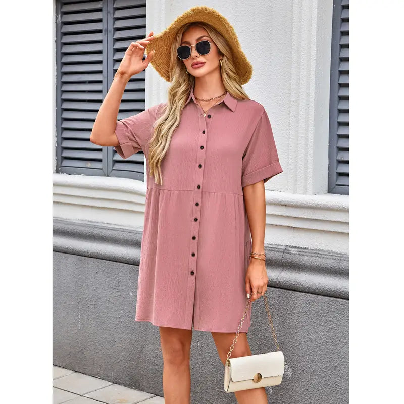 🔥Summer Flash Sale 50% OFF -AUSELILY Babydoll Dress for Women Short Sleeve Button Down Textured Non-clingy Loose Fit Flowy Mini Dress with Pockets 2026 New Summer Dress